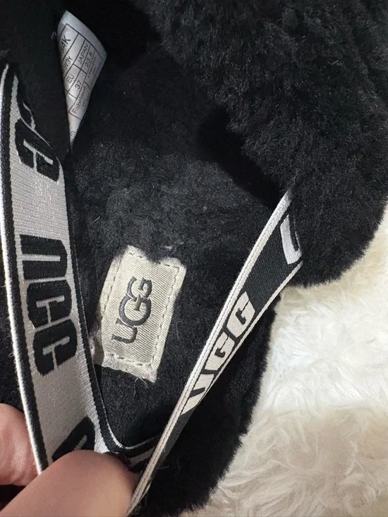 UGG Black Plush Slide Sandals with Branded Elastic Heel - Picture 6 of 8